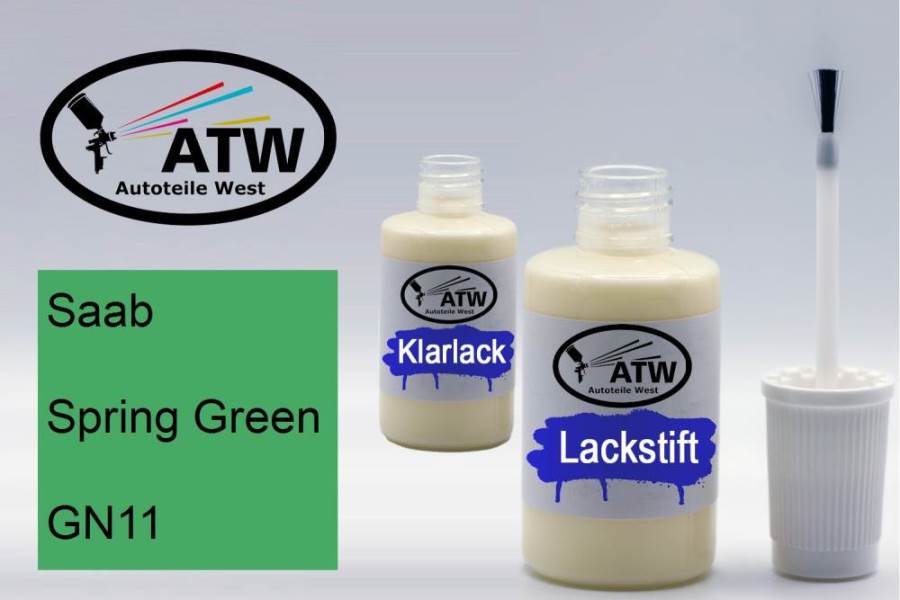 Saab, Spring Green, GN11: 20ml Lackstift + 20ml Klarlack - Set, von ATW Autoteile West.